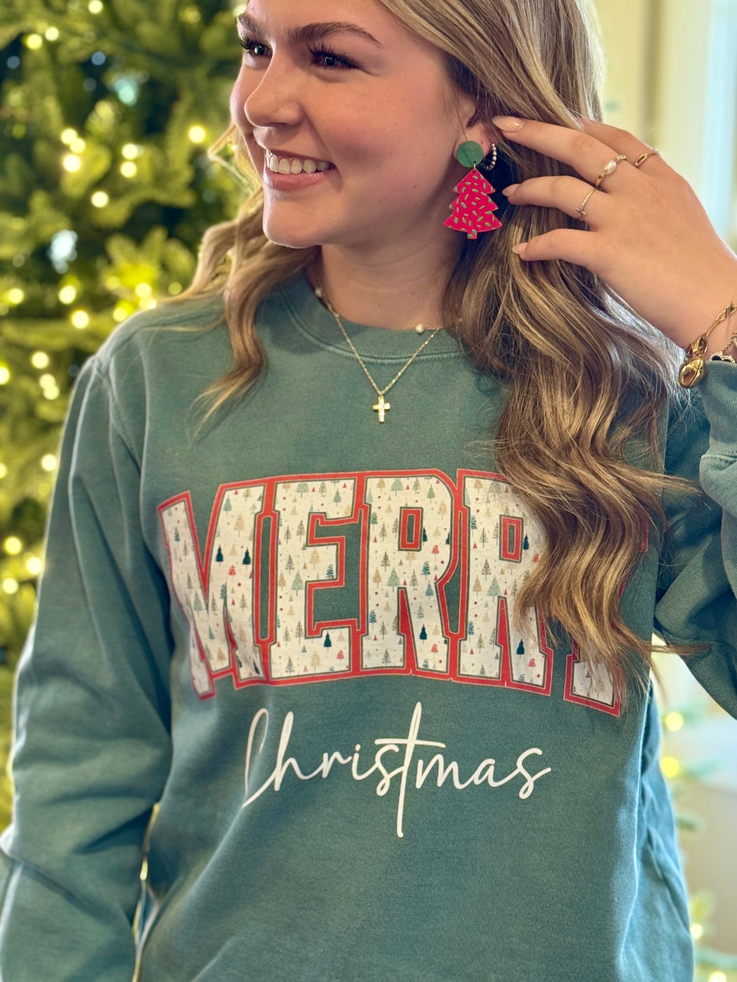 Red and green tree earrings