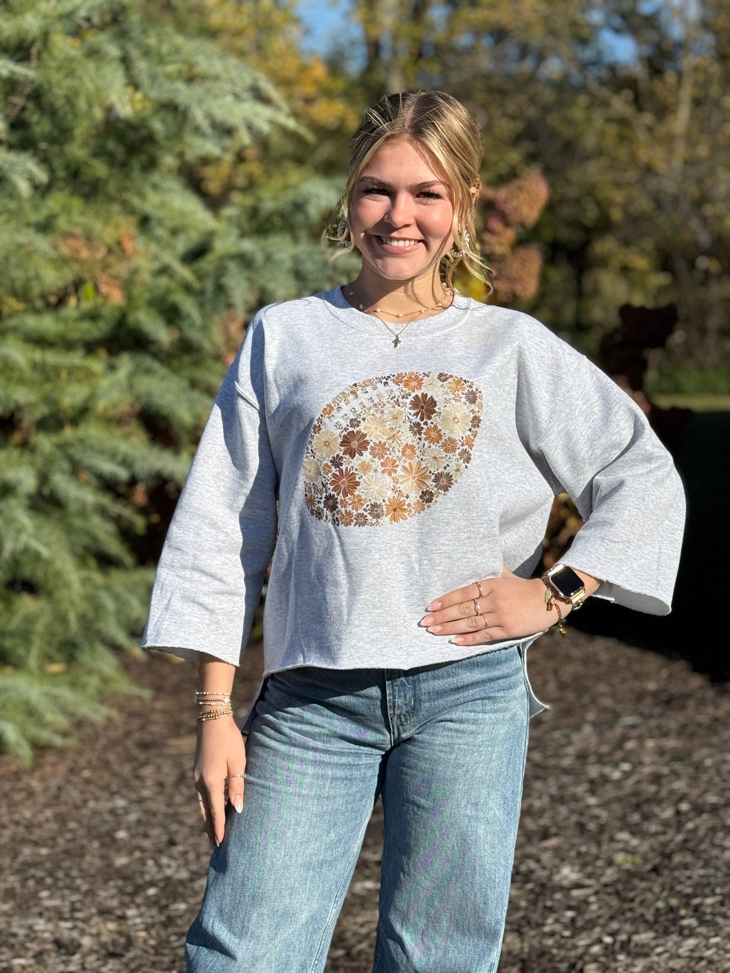 Floral Football - cut crewneck
