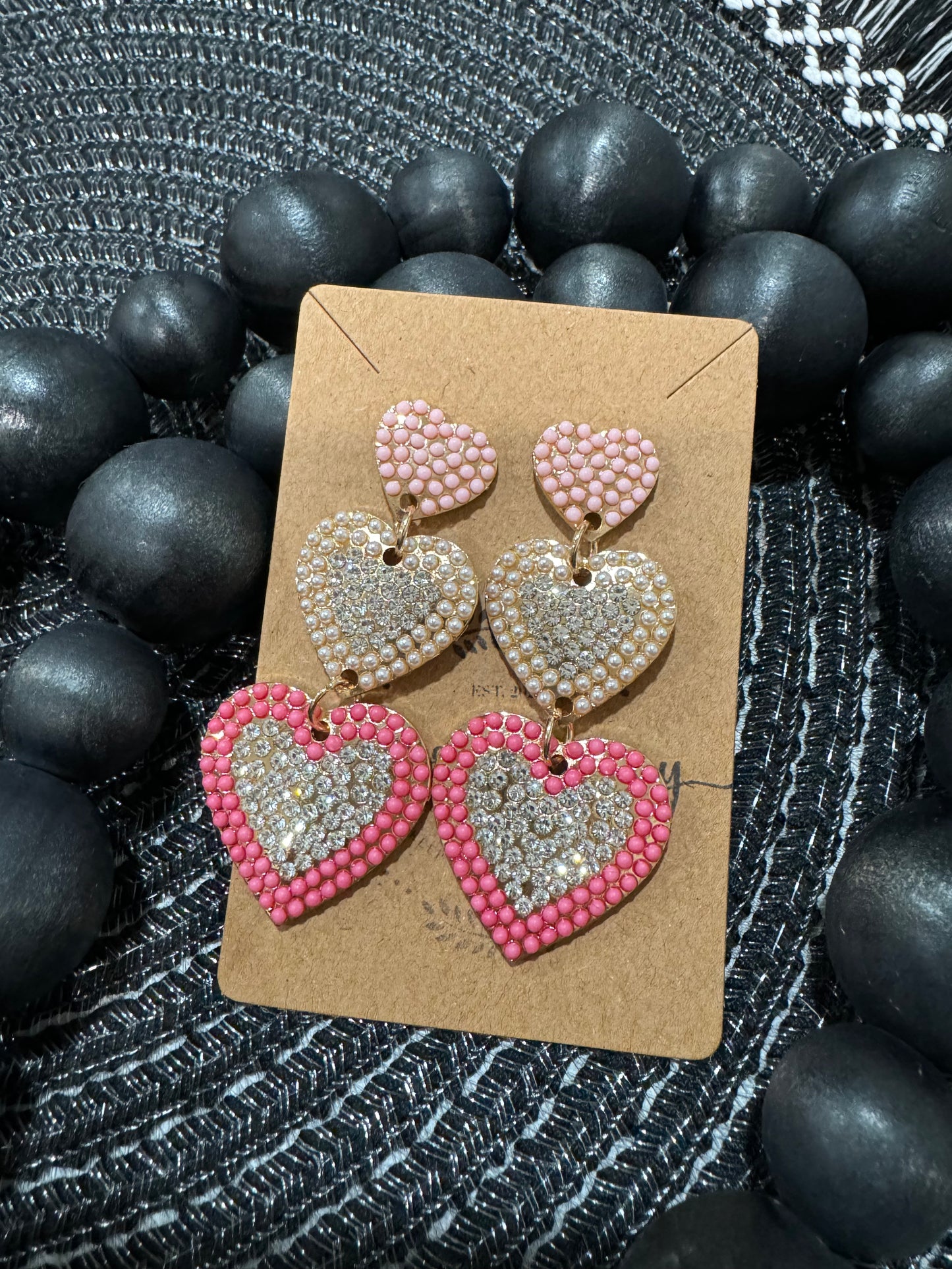 Pink triple heart metal earrings