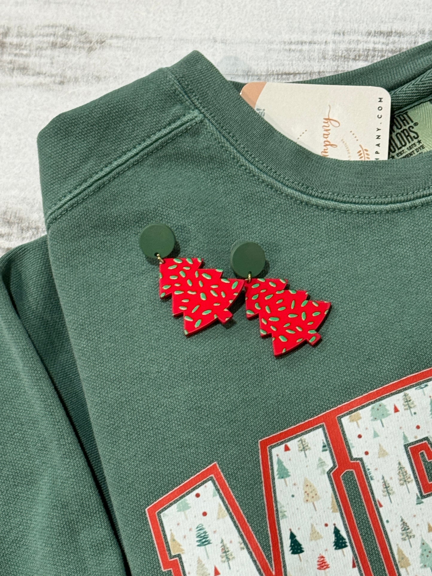 Red and green tree earrings