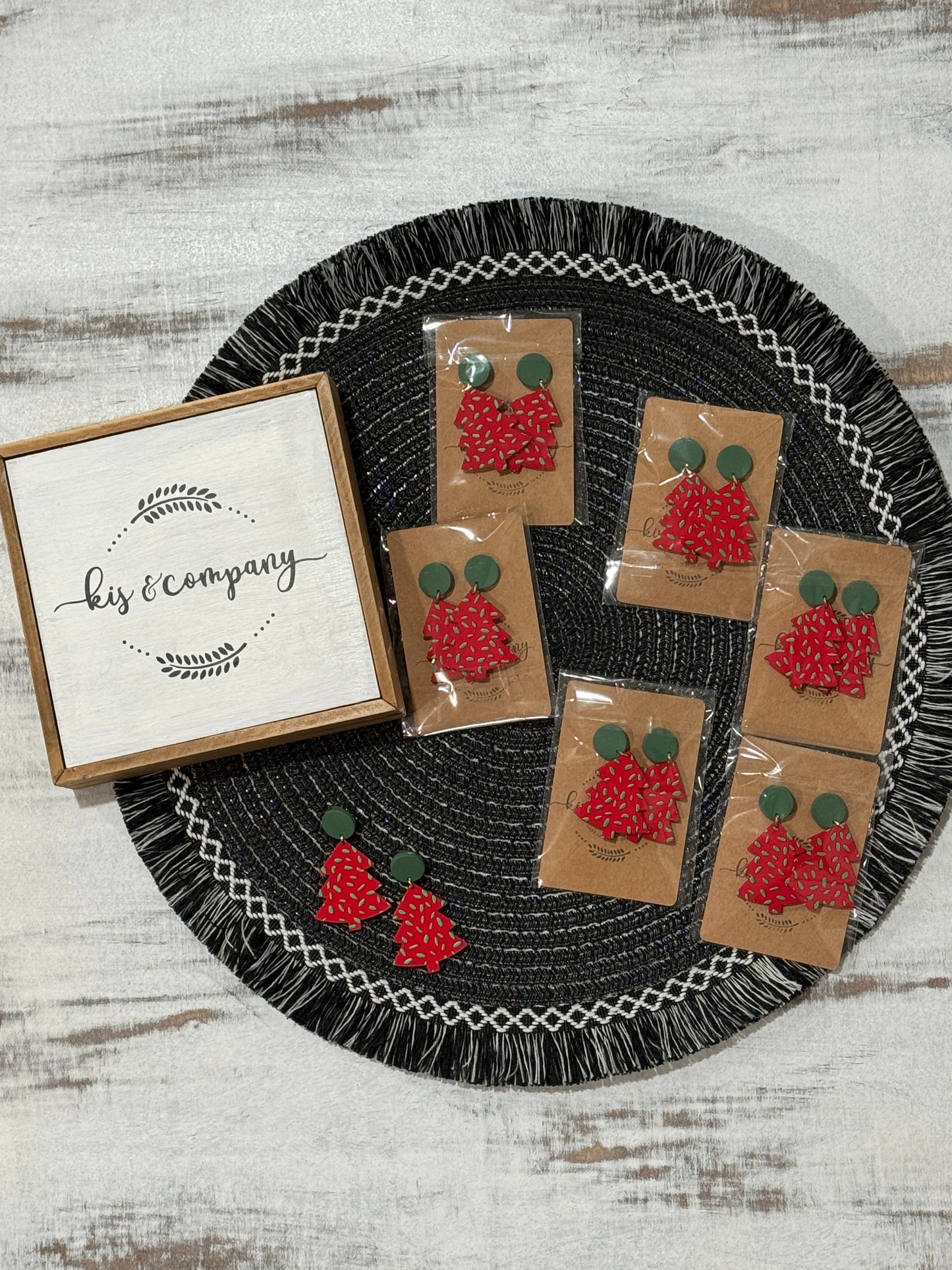 Red and green tree earrings