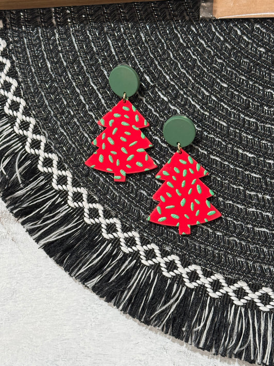Red and green tree earrings